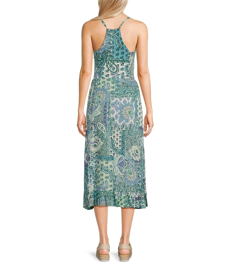 Angie Patch Print Spaghetti Strap Racer Back Ruffle Front Midi Dress