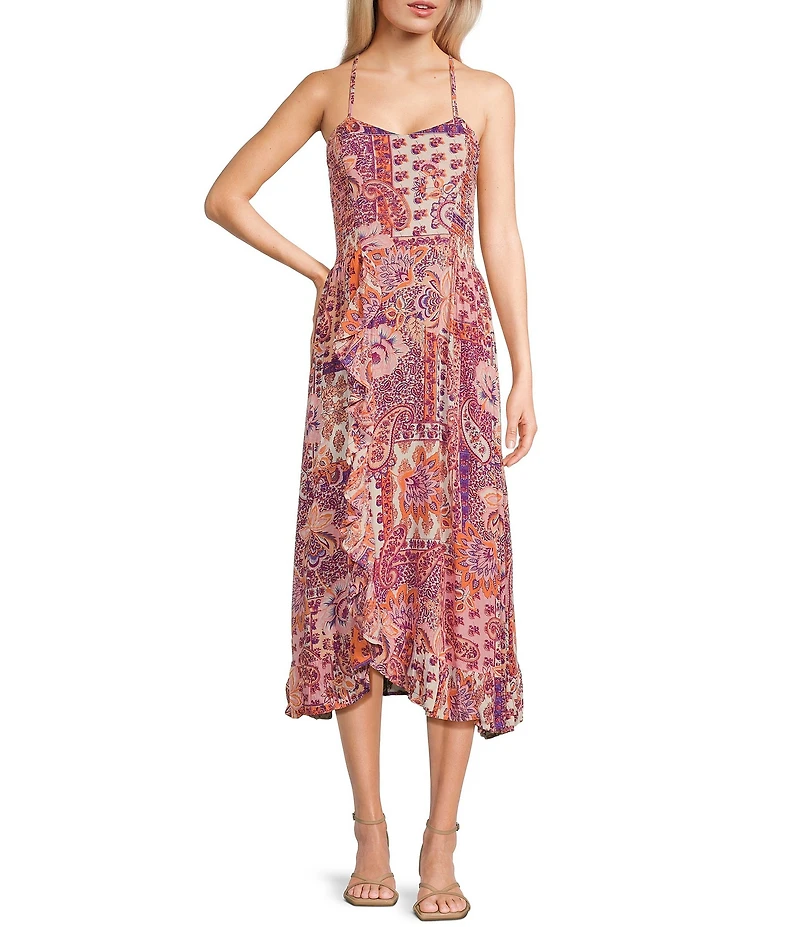 Angie Patch Print Spaghetti Strap Racer Back Ruffle Front Midi Dress