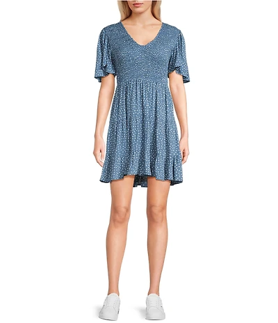 Angie Polka-Dot Print V-Neck Short Sleeve Tiered Dress
