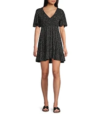 Angie Polka-Dot Print V-Neck Short Sleeve Tiered Dress