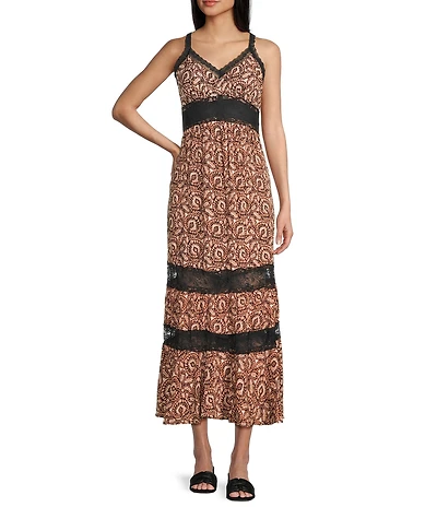 Angie Printed Lace Trim Tiered Maxi Dress