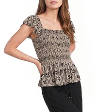 Angie Printed Smocked Square Neck Ruffle Sleeve Cropped Top