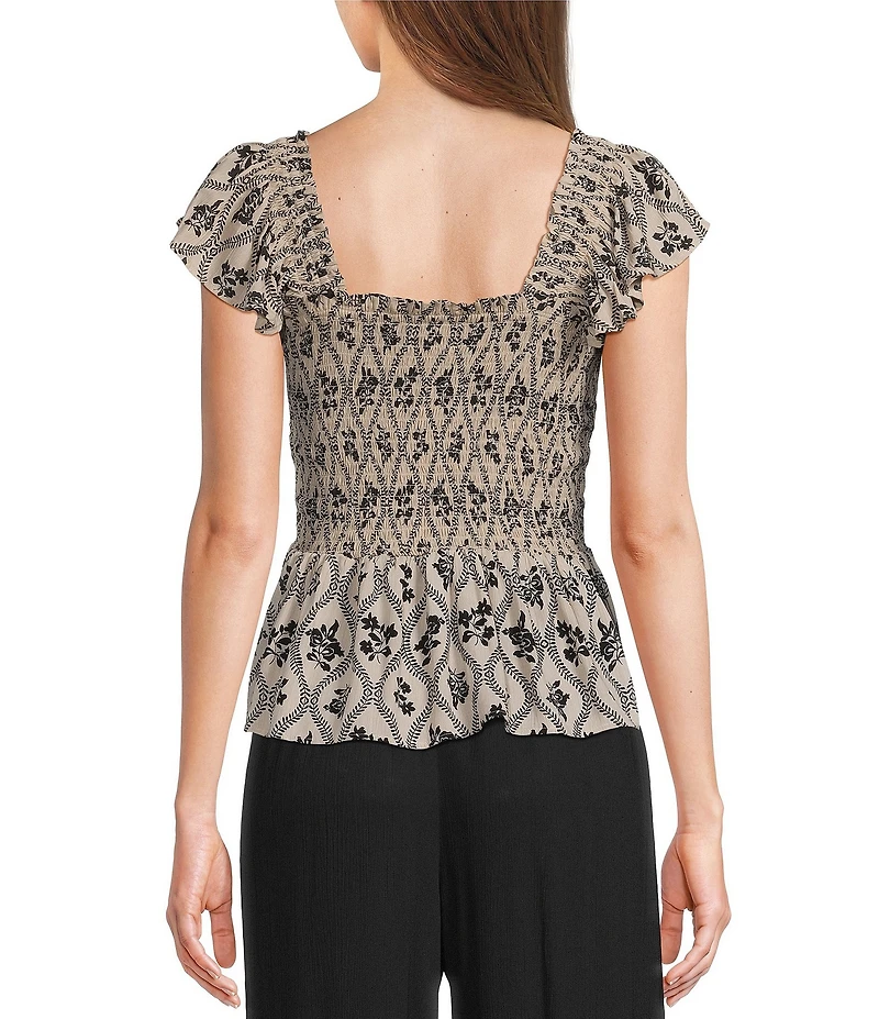 Angie Printed Smocked Square Neck Ruffle Sleeve Cropped Top