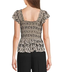 Angie Printed Smocked Square Neck Ruffle Sleeve Cropped Top