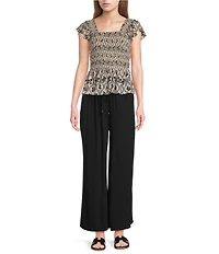 Angie Printed Smocked Square Neck Ruffle Sleeve Cropped Top
