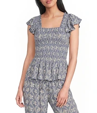 Angie Printed Smocked Square Neck Ruffle Sleeve Cropped Top