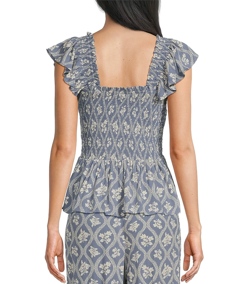 Angie Printed Smocked Square Neck Ruffle Sleeve Cropped Top