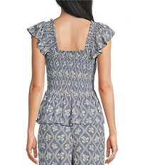 Angie Printed Smocked Square Neck Ruffle Sleeve Cropped Top