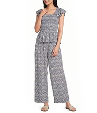 Angie Printed Smocked Square Neck Ruffle Sleeve Cropped Top