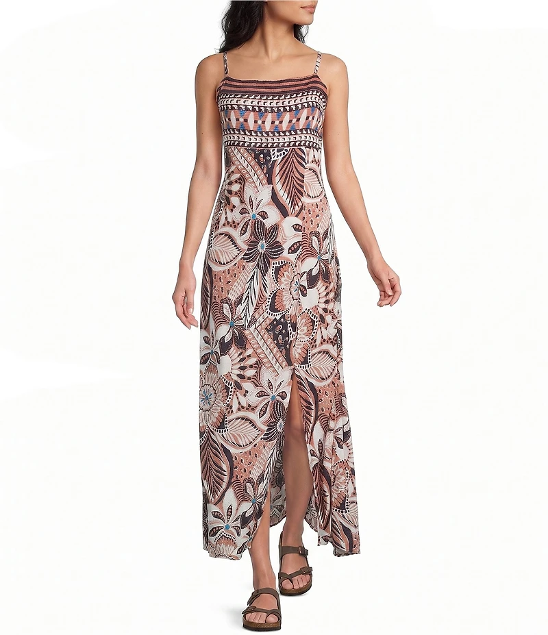 Angie Printed Square Neckline Lace Up Back Front Slit Midi Dress