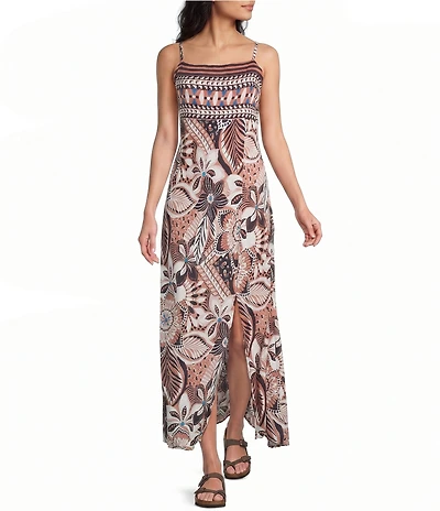 Angie Printed Square Neckline Lace Up Back Front Slit Midi Dress