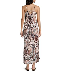 Angie Printed Square Neckline Lace Up Back Front Slit Midi Dress