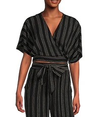 Angie Printed Surplus V-Neck Flutter Sleeve Wrap Coordinating Cropped Top
