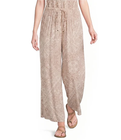 Angie Printed Tie Front Drawstring Wide Leg Coordinating Pants