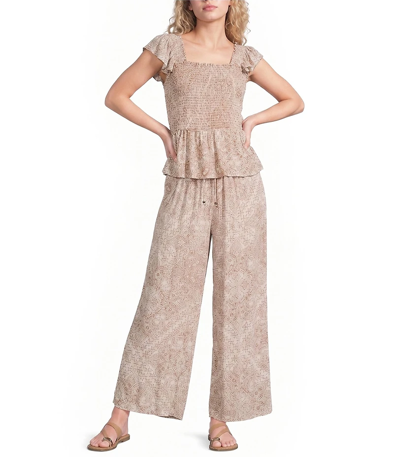 Angie Printed Tie Front Drawstring Wide Leg Coordinating Pants