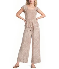 Angie Printed Tie Front Drawstring Wide Leg Coordinating Pants