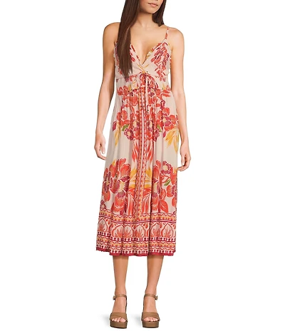 Angie Placed Floral V-Neck Crochet Trim Tie Front Midi Dress