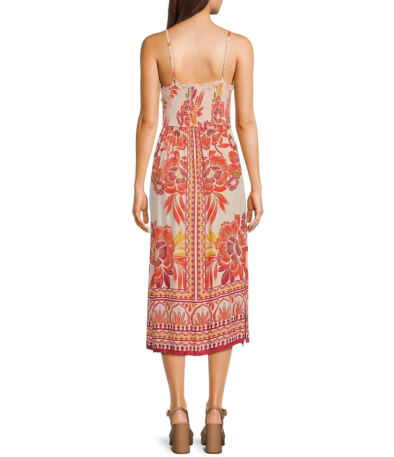 Angie Placed Floral V-Neck Crochet Trim Tie Front Midi Dress