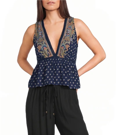 Angie Printed V-Neck Lace Trim Babydoll Top