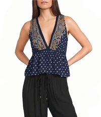 Angie Printed V-Neck Lace Trim Babydoll Top