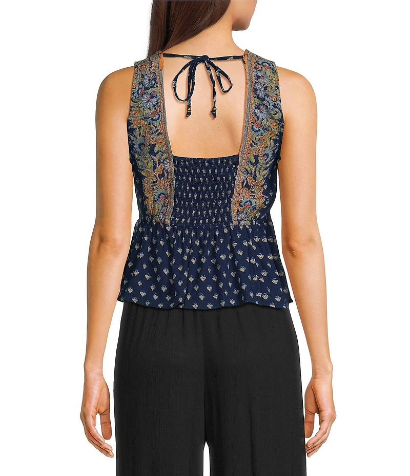 Angie Printed V-Neck Lace Trim Babydoll Top