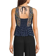 Angie Printed V-Neck Lace Trim Babydoll Top