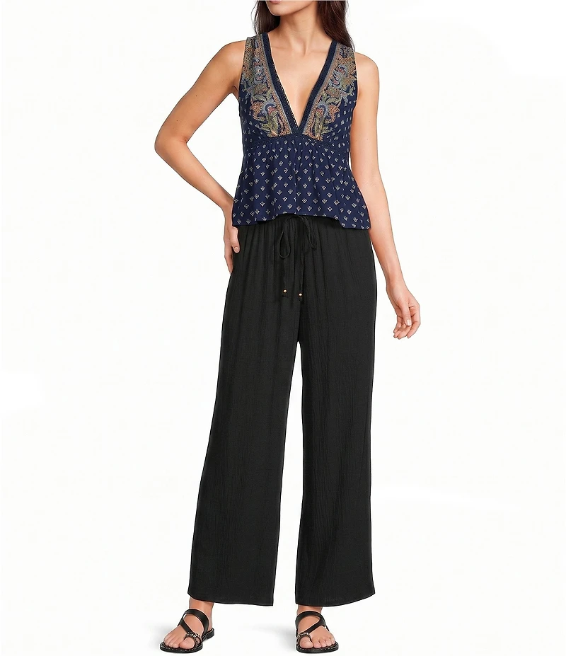 Angie Printed V-Neck Lace Trim Babydoll Top