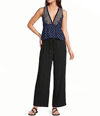 Angie Printed V-Neck Lace Trim Babydoll Top