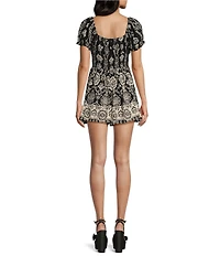 Angie Printed V-Neck Short Sleeve Tie Front Romper