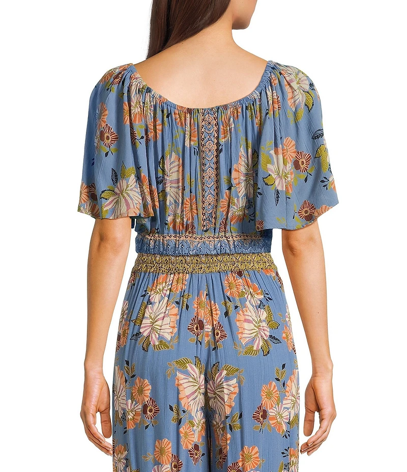 Angie Scoop Floral Print Neck Flutter Sleeve Coordinating Crop Top