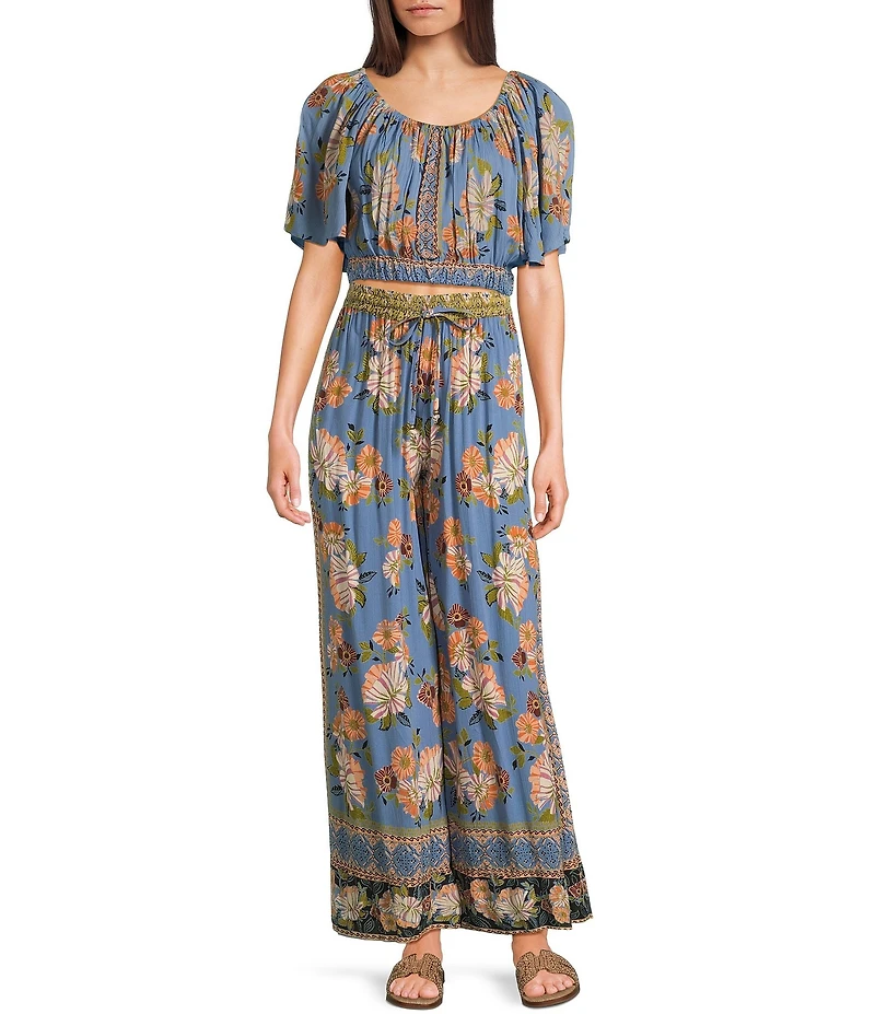Angie Scoop Floral Print Neck Flutter Sleeve Coordinating Crop Top