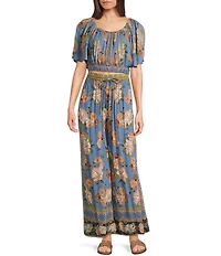 Angie Scoop Floral Print Neck Flutter Sleeve Coordinating Crop Top
