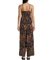 Angie Sleeveless Large Floral/Border Print Keyhole Knot Front Wide Leg Jumpsuit