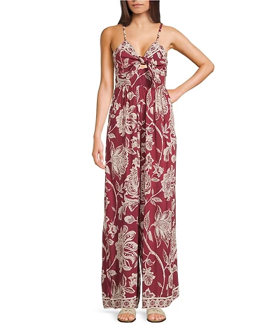 Angie Sleeveless Border Print Keyhole Knot Front Wide Leg Jumpsuit
