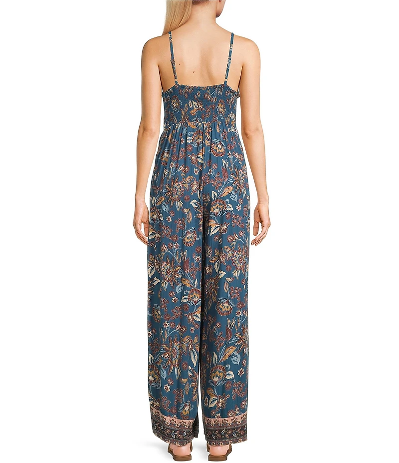 Angie Sleeveless Border Print Keyhole Knot Front Wide Leg Jumpsuit