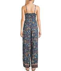 Angie Sleeveless Border Print Keyhole Knot Front Wide Leg Jumpsuit