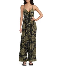 Angie Sleeveless Border Print Keyhole Knot Front Wide Leg Jumpsuit
