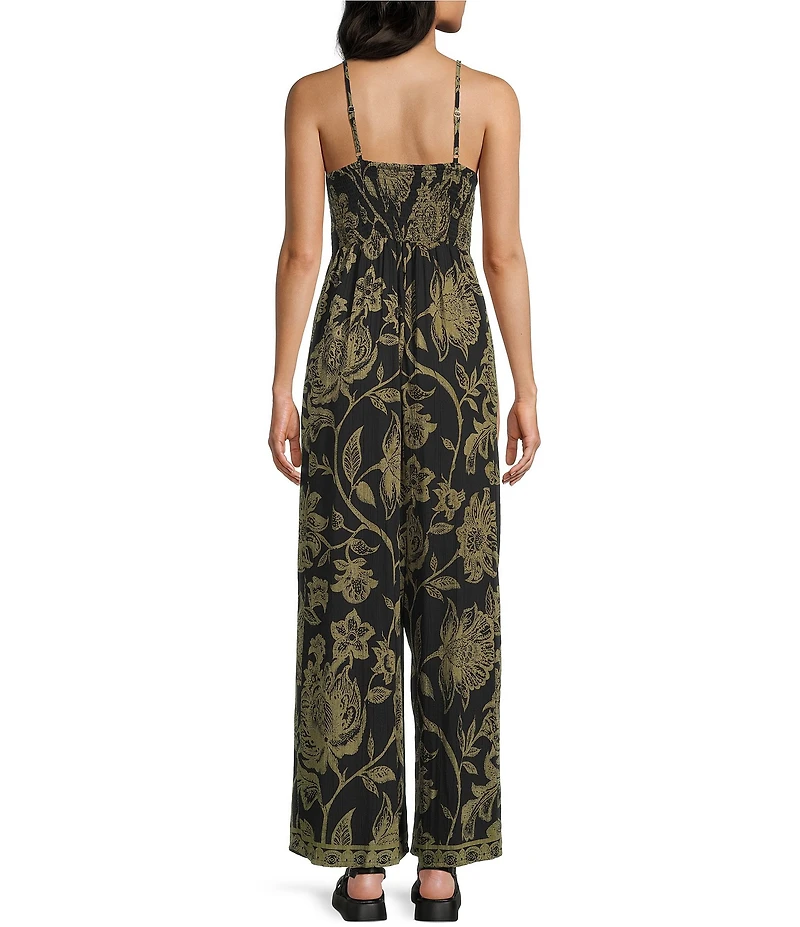 Angie Sleeveless Border Print Keyhole Knot Front Wide Leg Jumpsuit