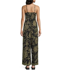 Angie Sleeveless Border Print Keyhole Knot Front Wide Leg Jumpsuit