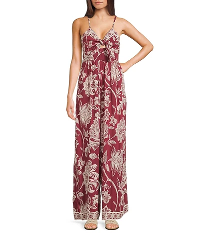 Angie Sleeveless Border Print Keyhole Knot Front Wide Leg Jumpsuit