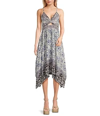 Angie Sleeveless Spaghetti Strap V-Neck Twist Front Keyhole Floral Midi Dress