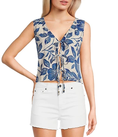 Angie Sleeveless V-Neck Floral Print Triple Tie Top