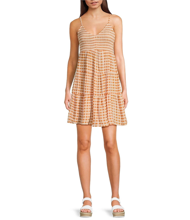Angie Sleeveless V-Neck Smocked Bodice Gingham Tiered Babydoll Dress