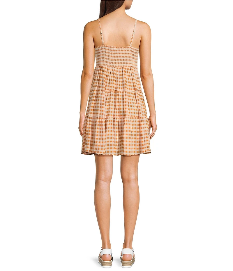 Angie Sleeveless V-Neck Smocked Bodice Gingham Tiered Babydoll Dress