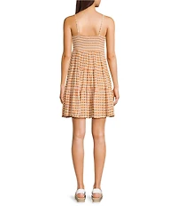 Angie Sleeveless V-Neck Smocked Bodice Gingham Tiered Babydoll Dress