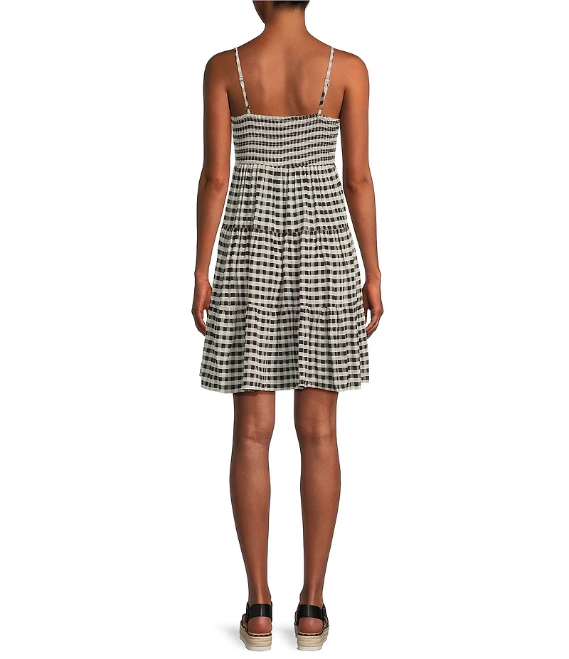 Angie Sleeveless V-Neck Smocked Bodice Gingham Tiered Babydoll Dress