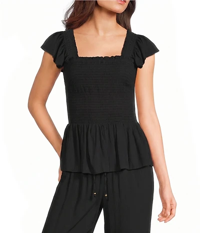 Angie Smocked Square Neck Ruffle Sleeve Cropped Top