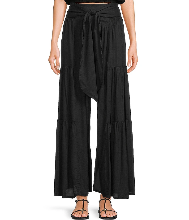 Angie Solid Tiered Tie Front Smocked Wide Leg Pants
