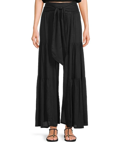 Angie Solid Tiered Tie Front Smocked Wide Leg Pants