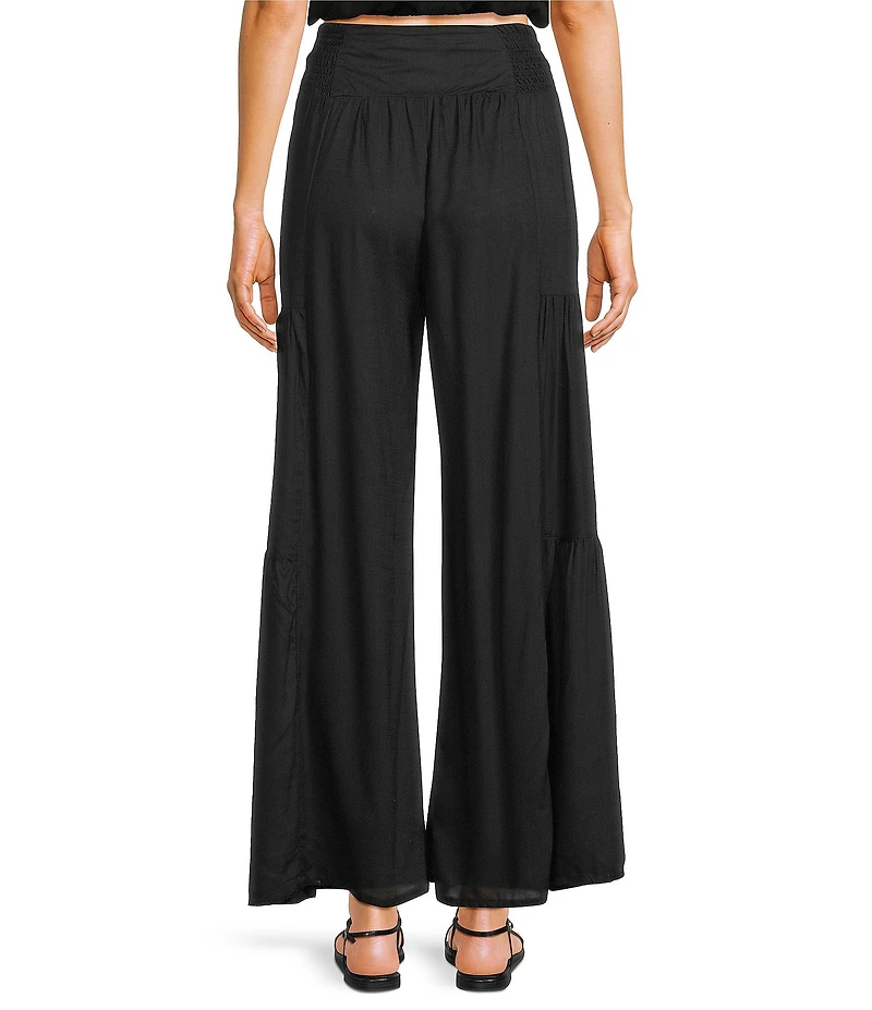 Angie Solid Tiered Tie Front Smocked Wide Leg Pants